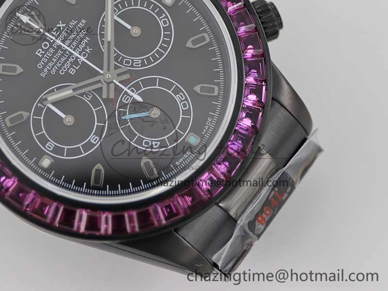 Daytona All Black PVD TWF Best Edition Purple Diamonds Bezel Black Dial on PVD Bracelet SA4130