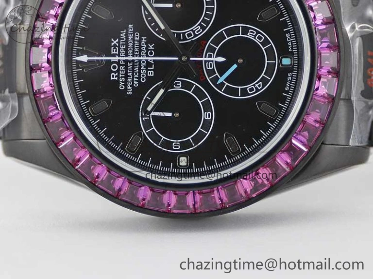 Daytona All Black PVD TWF Best Edition Purple Diamonds Bezel Black Dial on PVD Bracelet SA4130