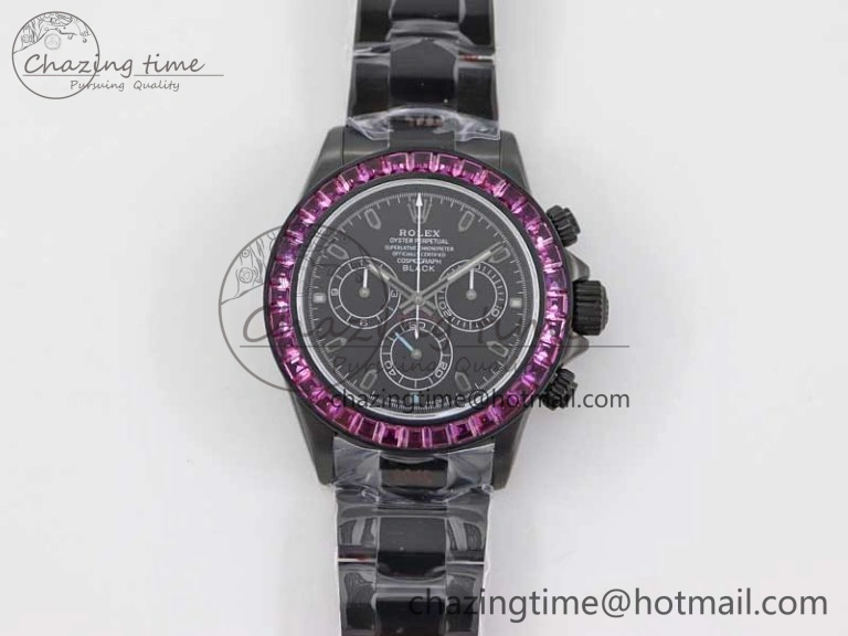 Daytona All Black PVD TWF Best Edition Purple Diamonds Bezel Black Dial on PVD Bracelet SA4130