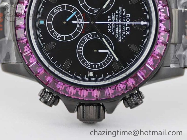 Daytona All Black PVD TWF Best Edition Purple Diamonds Bezel Black Dial on PVD Bracelet SA4130