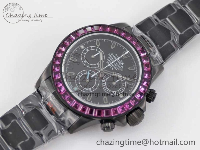 Daytona All Black PVD TWF Best Edition Purple Diamonds Bezel Black Dial on PVD Bracelet SA4130