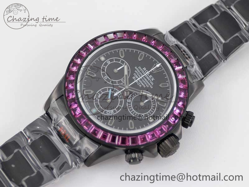 Daytona All Black PVD TWF Best Edition Purple Diamonds Bezel Black Dial on PVD Bracelet SA4130
