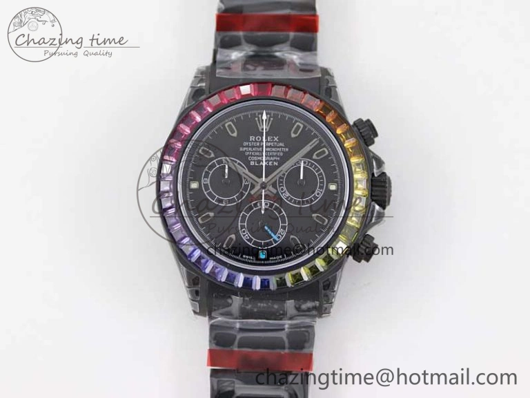 Daytona All Black PVD TWF Best Edition Rainbow Diamonds Bezel Black Dial on PVD Bracelet A7750