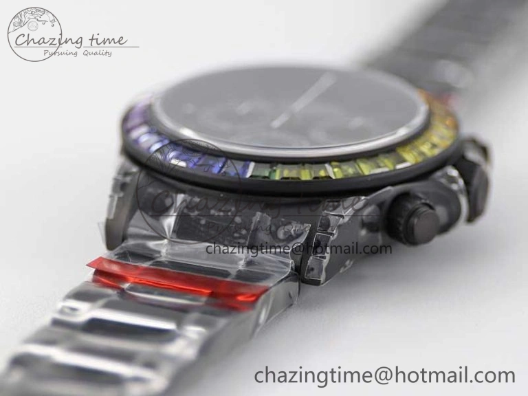 Daytona All Black PVD TWF Best Edition Rainbow Diamonds Bezel Black Dial on PVD Bracelet A7750