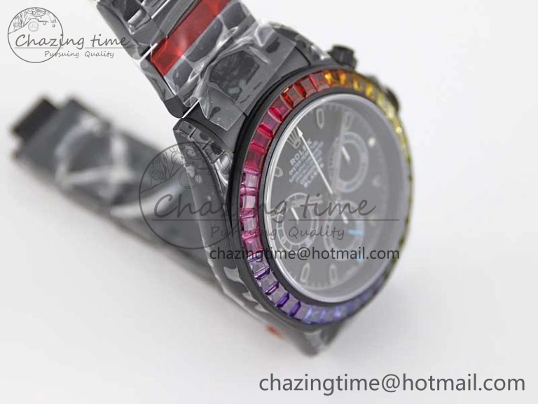 Daytona All Black PVD TWF Best Edition Rainbow Diamonds Bezel Black Dial on PVD Bracelet A7750