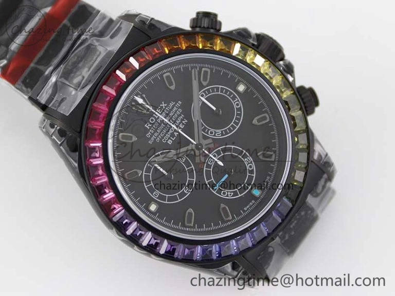 Daytona All Black PVD TWF Best Edition Rainbow Diamonds Bezel Black Dial on PVD Bracelet A7750
