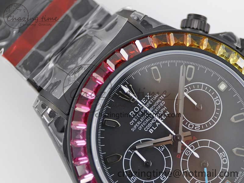 Daytona All Black PVD TWF Best Edition Rainbow Diamonds Bezel Black Dial on PVD Bracelet A7750