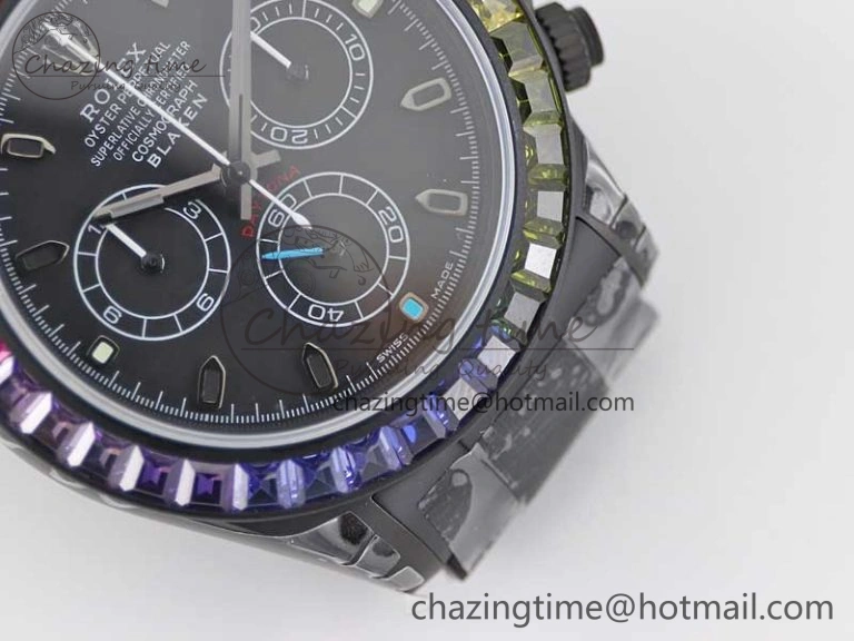 Daytona All Black PVD TWF Best Edition Rainbow Diamonds Bezel Black Dial on PVD Bracelet A7750