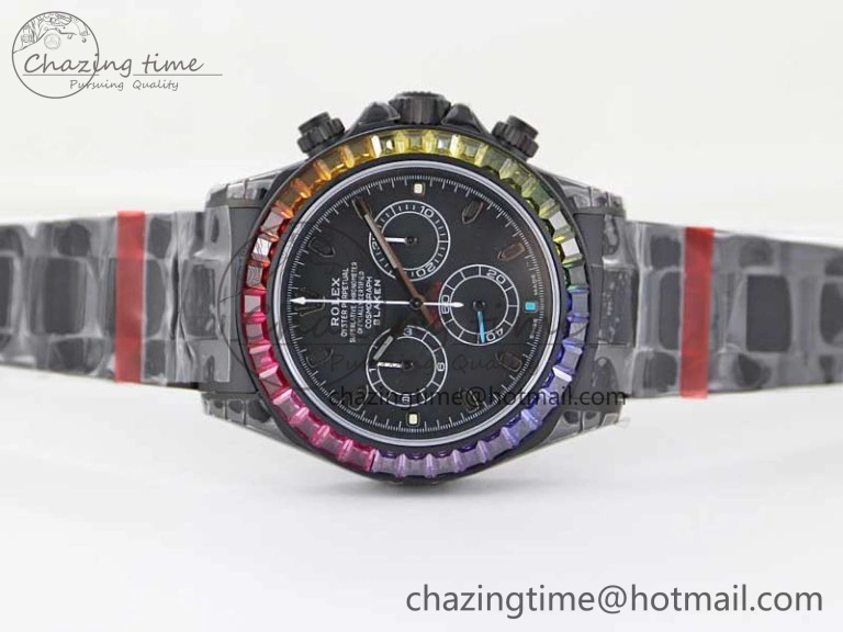 Daytona All Black PVD TWF Best Edition Rainbow Diamonds Bezel Black Dial on PVD Bracelet A7750