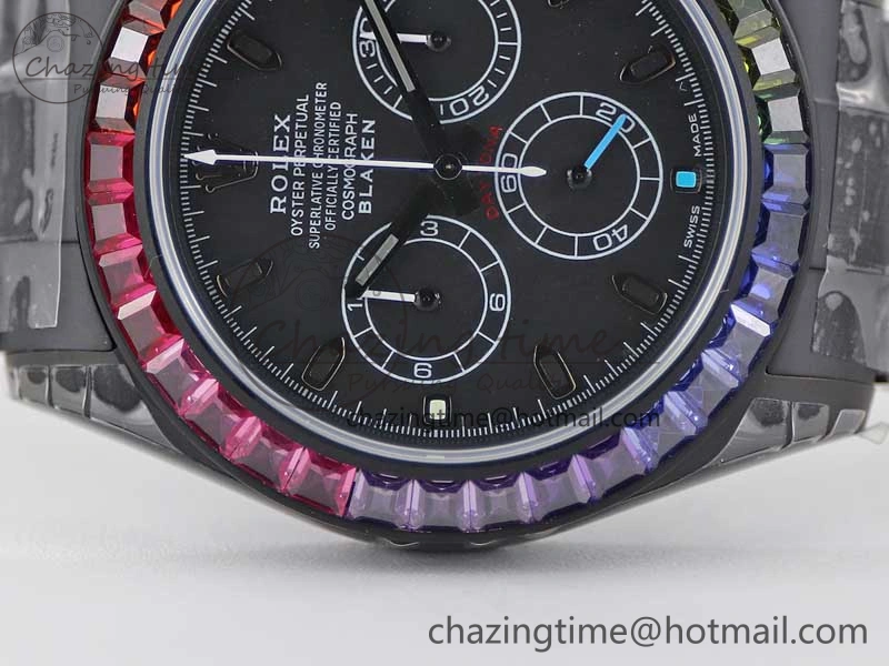 Daytona All Black PVD TWF Best Edition Rainbow Diamonds Bezel Black Dial on PVD Bracelet A7750