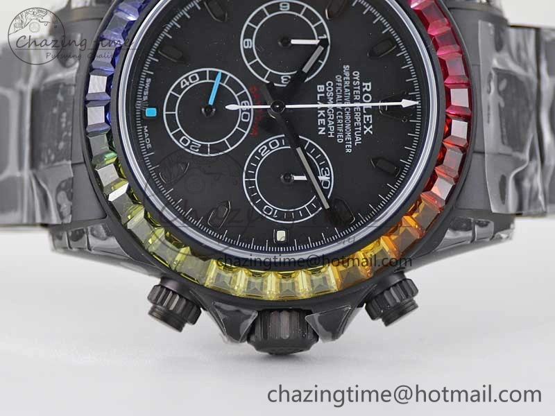 Daytona All Black PVD TWF Best Edition Rainbow Diamonds Bezel Black Dial on PVD Bracelet A7750