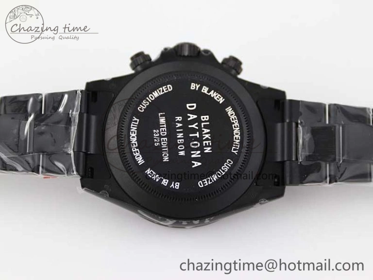 Daytona All Black PVD TWF Best Edition Rainbow Diamonds Bezel Black Dial on PVD Bracelet A7750