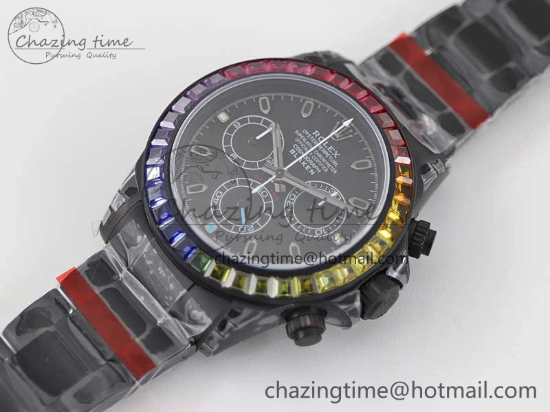 Daytona All Black PVD TWF Best Edition Rainbow Diamonds Bezel Black Dial on PVD Bracelet A7750
