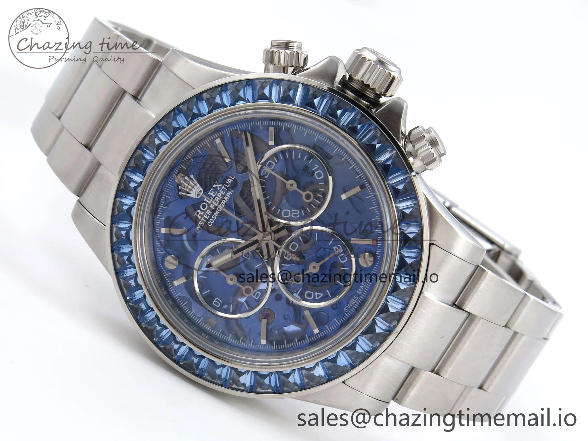 Daytona Arolla N6F Glacial Blue Crystal Skeleton Dial Diamonds Bezel Best Edition on Oyster Bracelet SA4130