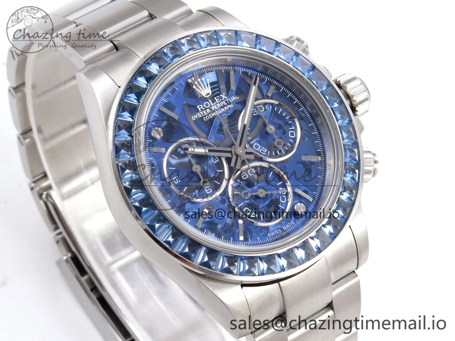 Daytona Arolla N6F Glacial Blue Crystal Skeleton Dial Diamonds Bezel Best Edition on Oyster Bracelet SA4130