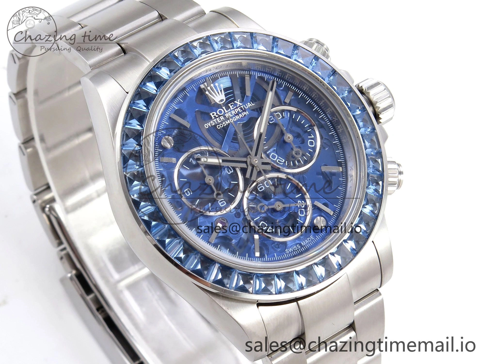 Daytona Arolla N6F Glacial Blue Crystal Skeleton Dial Diamonds Bezel Best Edition on Oyster Bracelet SA4130