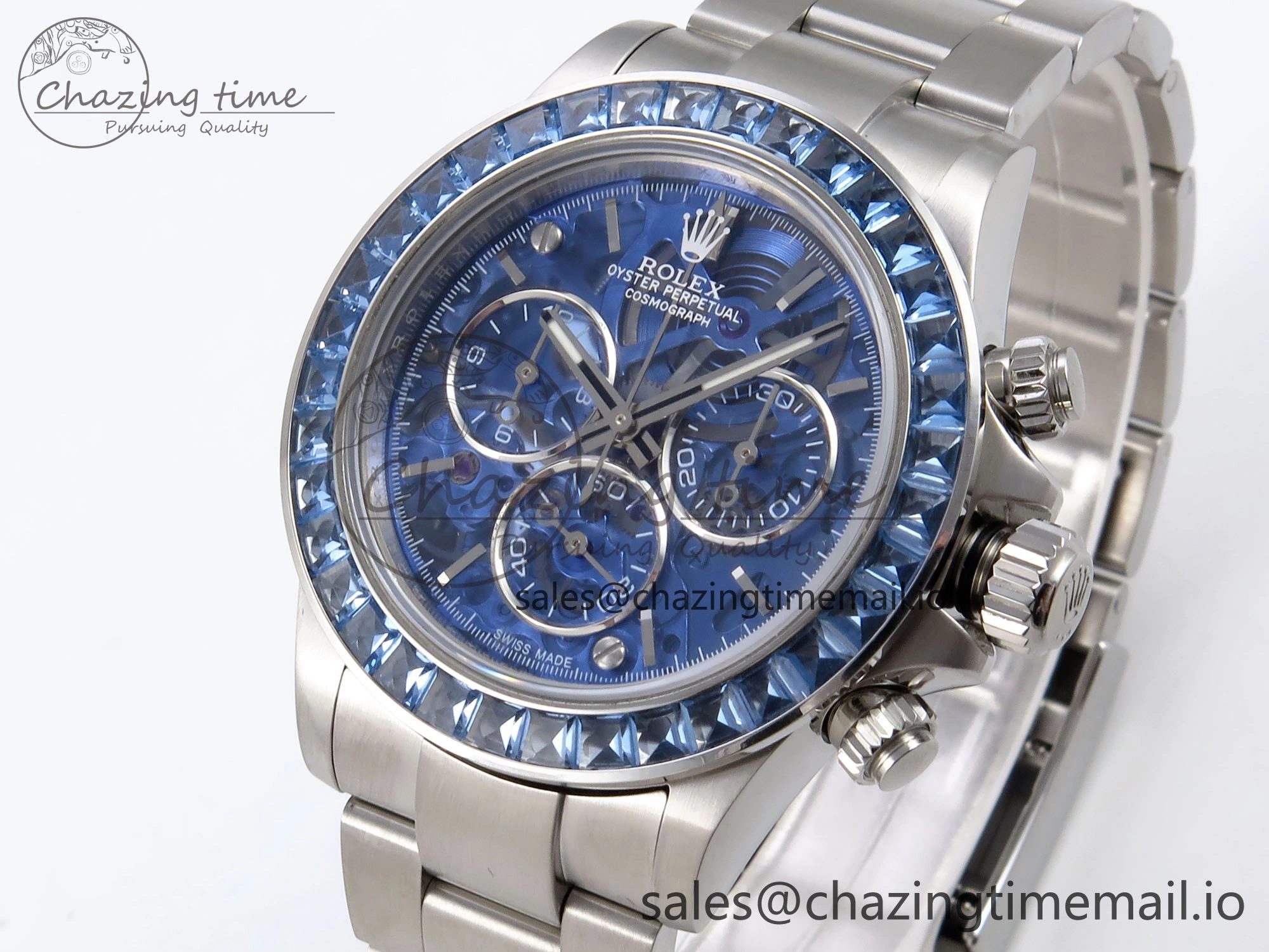 Daytona Arolla N6F Glacial Blue Crystal Skeleton Dial Diamonds Bezel Best Edition on Oyster Bracelet SA4130