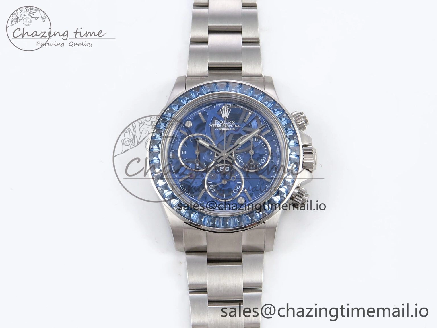 Daytona Arolla N6F Glacial Blue Crystal Skeleton Dial Diamonds Bezel Best Edition on Oyster Bracelet SA4130
