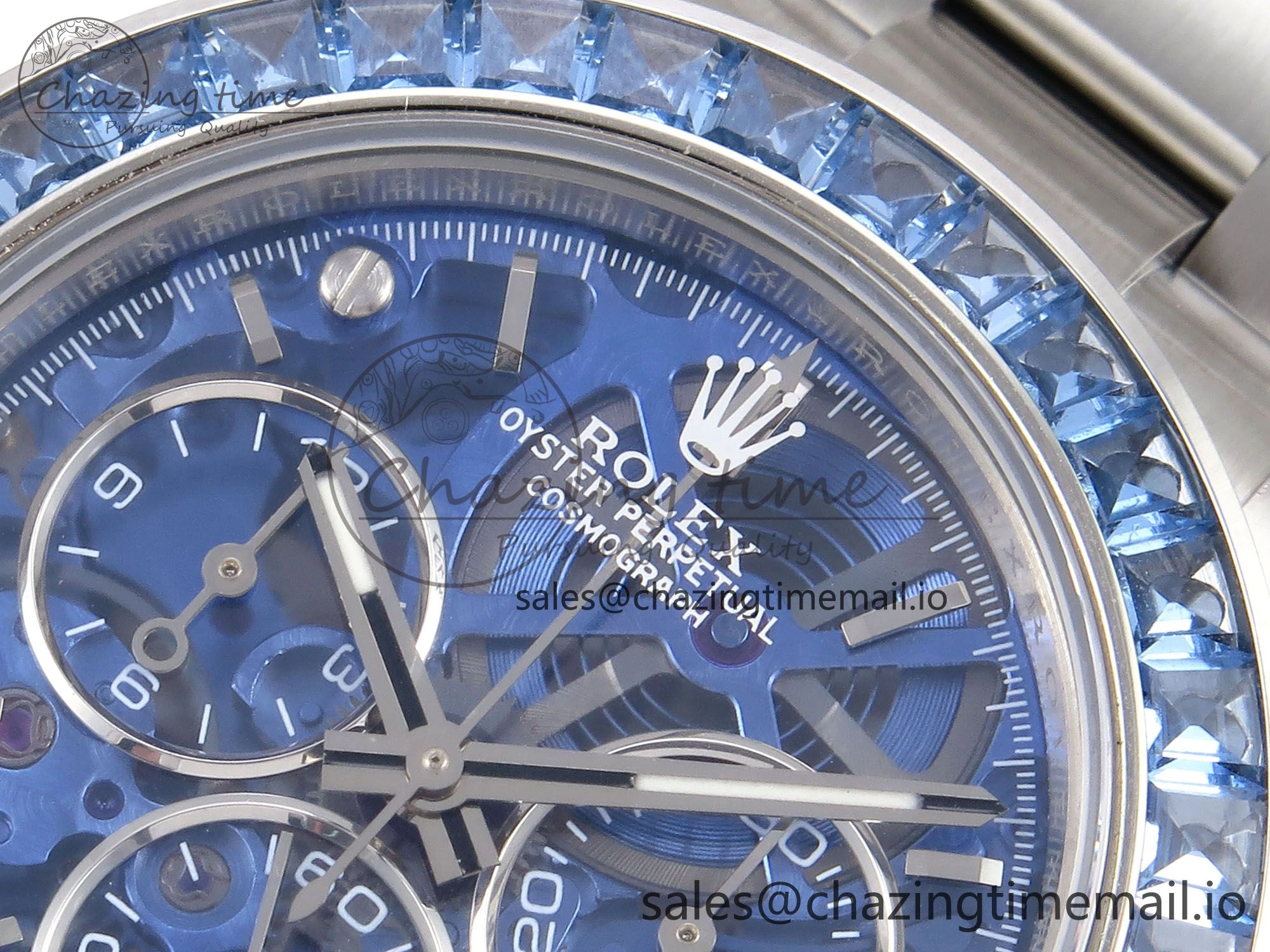 Daytona Arolla N6F Glacial Blue Crystal Skeleton Dial Diamonds Bezel Best Edition on Oyster Bracelet SA4130