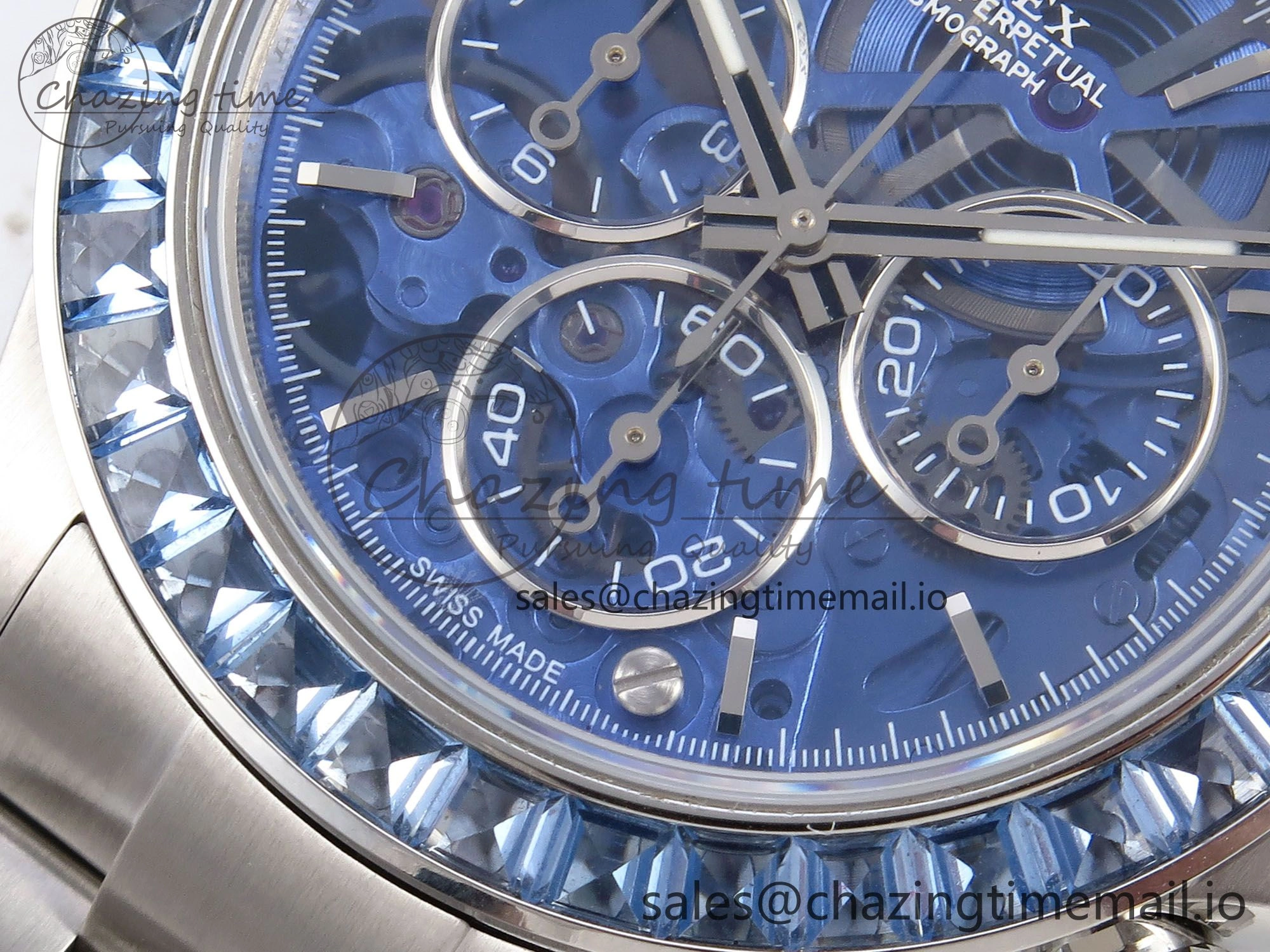 Daytona Arolla N6F Glacial Blue Crystal Skeleton Dial Diamonds Bezel Best Edition on Oyster Bracelet SA4130