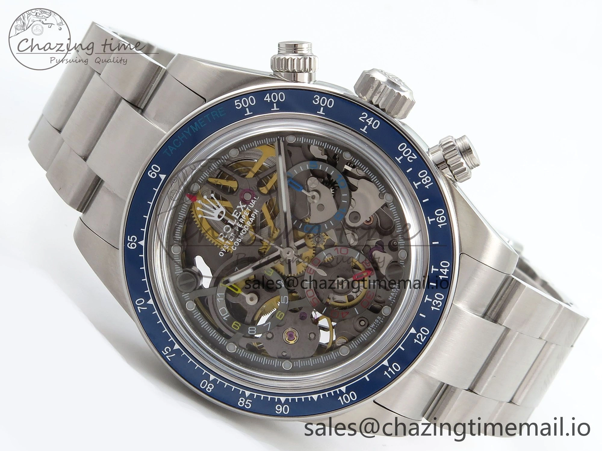 Daytona Artisans Skeleton SS ADGF Best Edition Blue Ceramic Bezel Skeleton Dial on SS Oyster Bracelet SA4130
