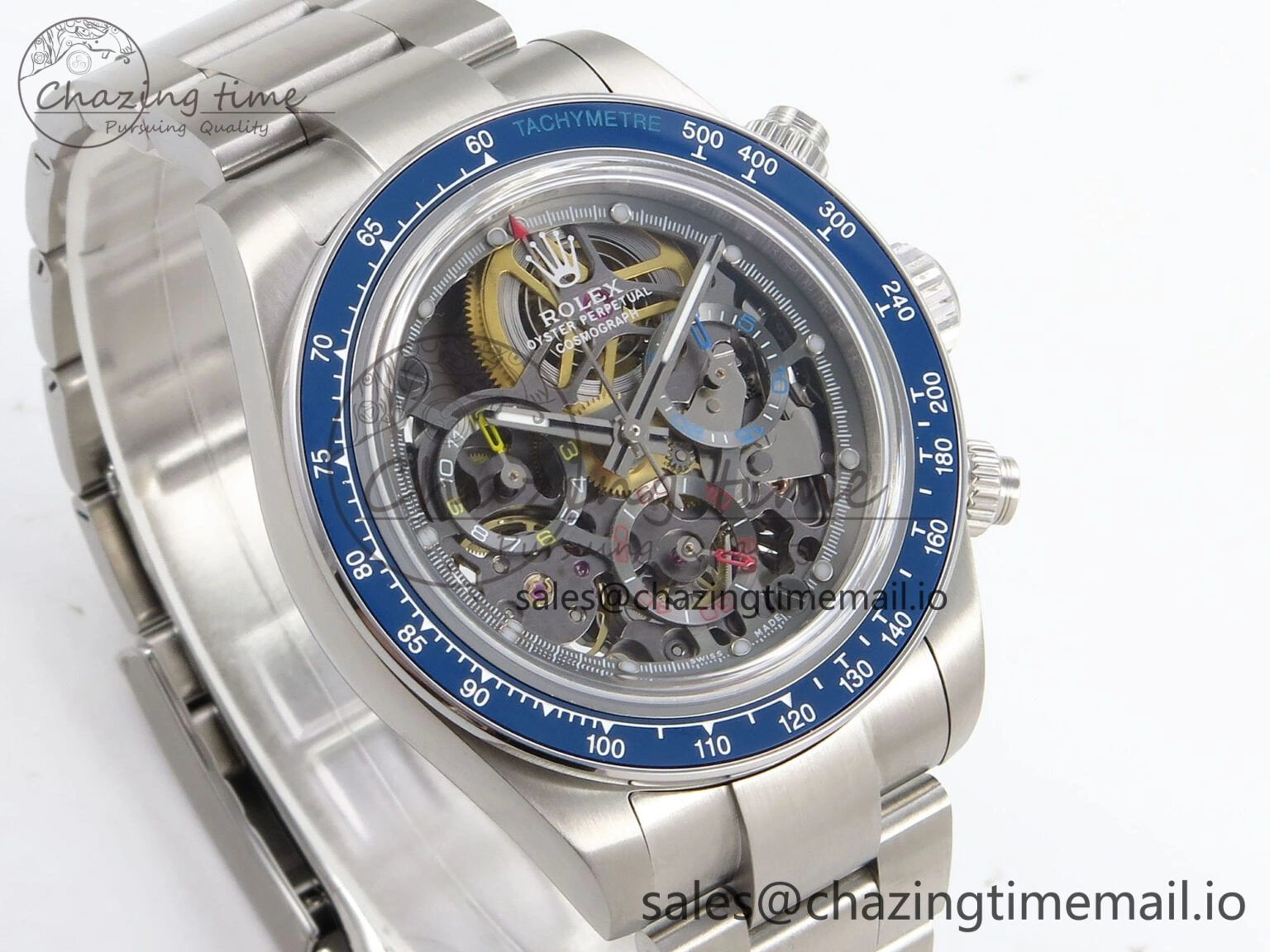 Daytona Artisans Skeleton SS ADGF Best Edition Blue Ceramic Bezel Skeleton Dial on SS Oyster Bracelet SA4130