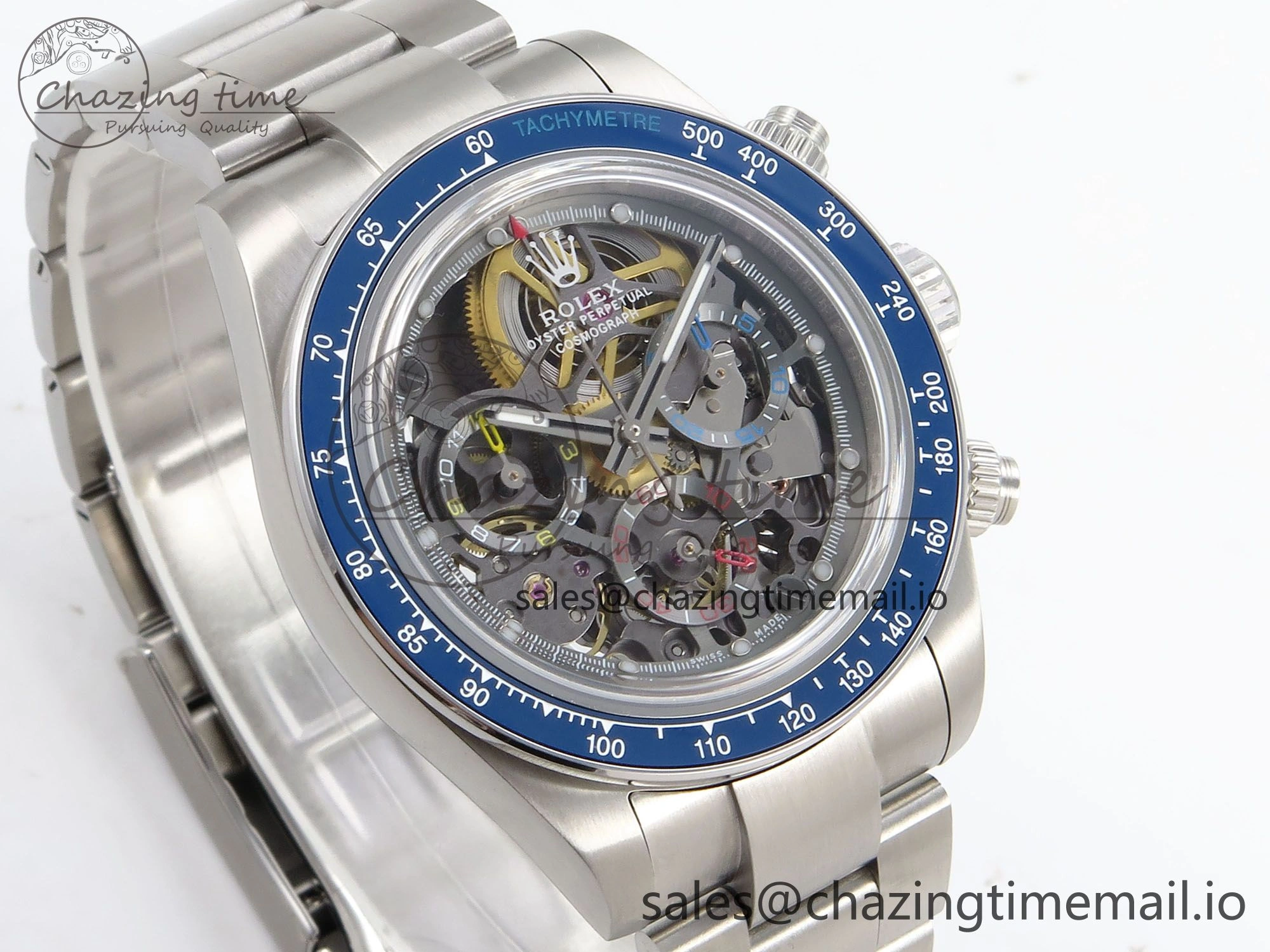 Daytona Artisans Skeleton SS ADGF Best Edition Blue Ceramic Bezel Skeleton Dial on SS Oyster Bracelet SA4130