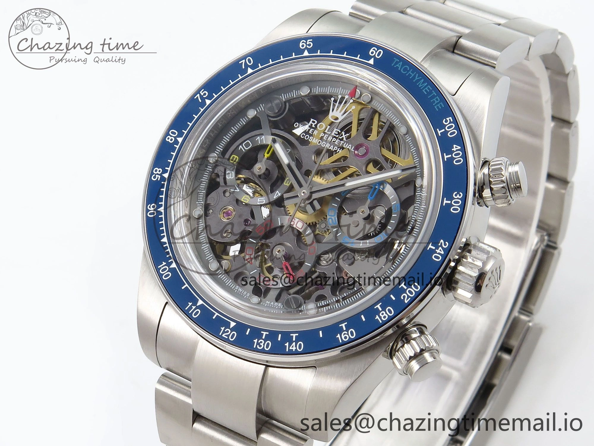 Daytona Artisans Skeleton SS ADGF Best Edition Blue Ceramic Bezel Skeleton Dial on SS Oyster Bracelet SA4130