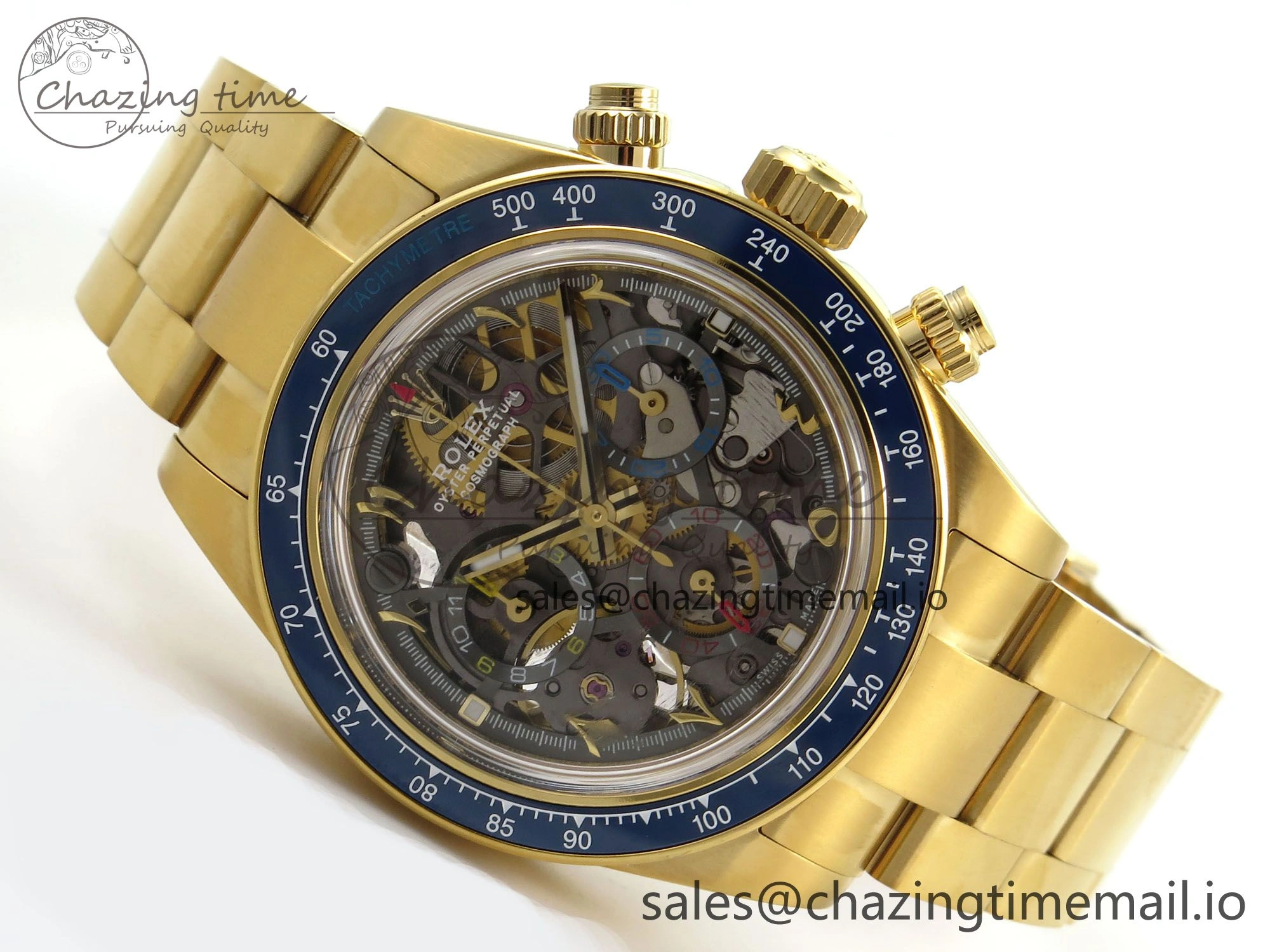 Daytona Artisans Skeleton YG ADGF Best Edition Blue Ceramic Bezel Skeleton Dial on YG Oyster Bracelet SA4130