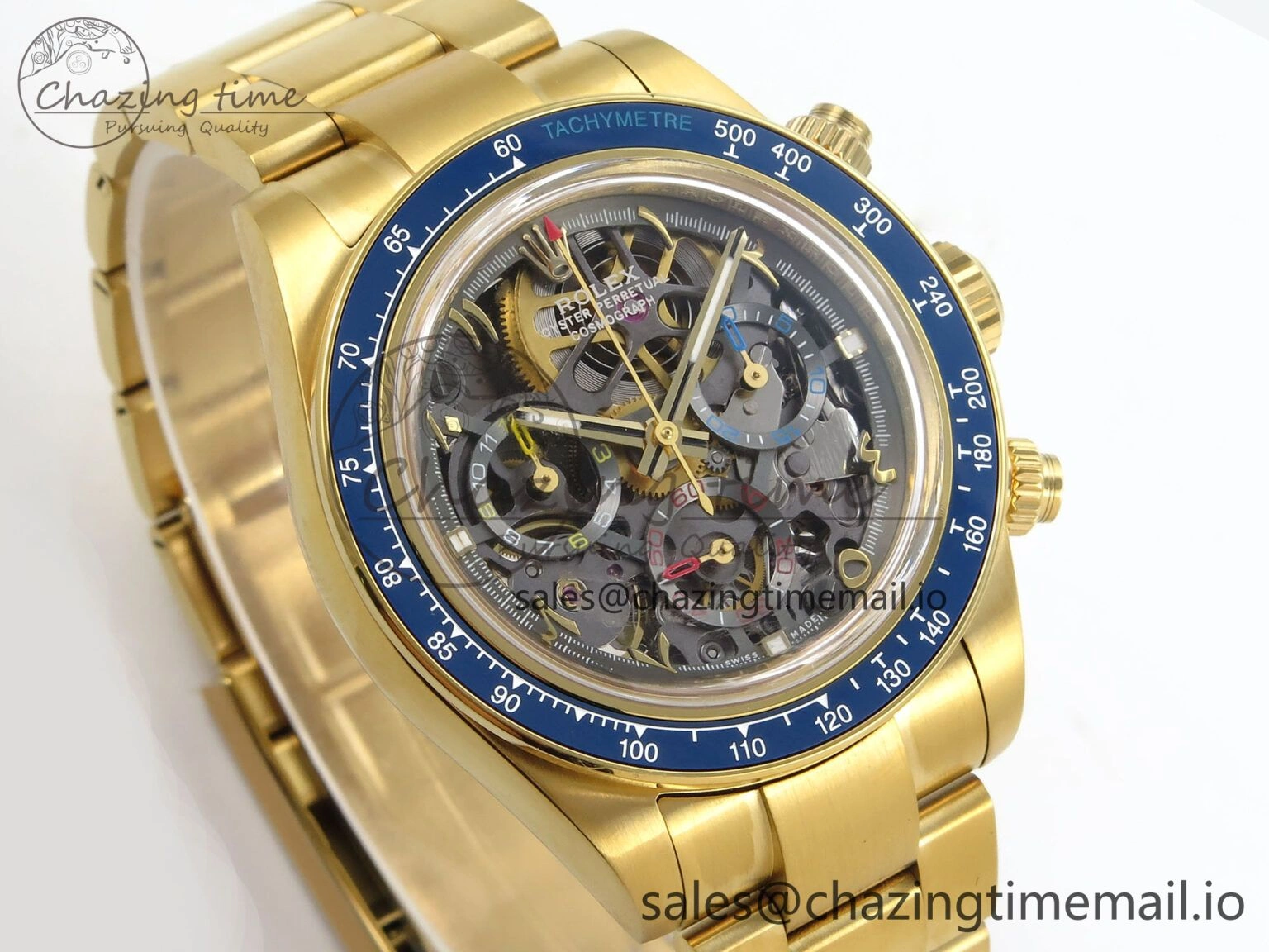 Daytona Artisans Skeleton YG ADGF Best Edition Blue Ceramic Bezel Skeleton Dial on YG Oyster Bracelet SA4130