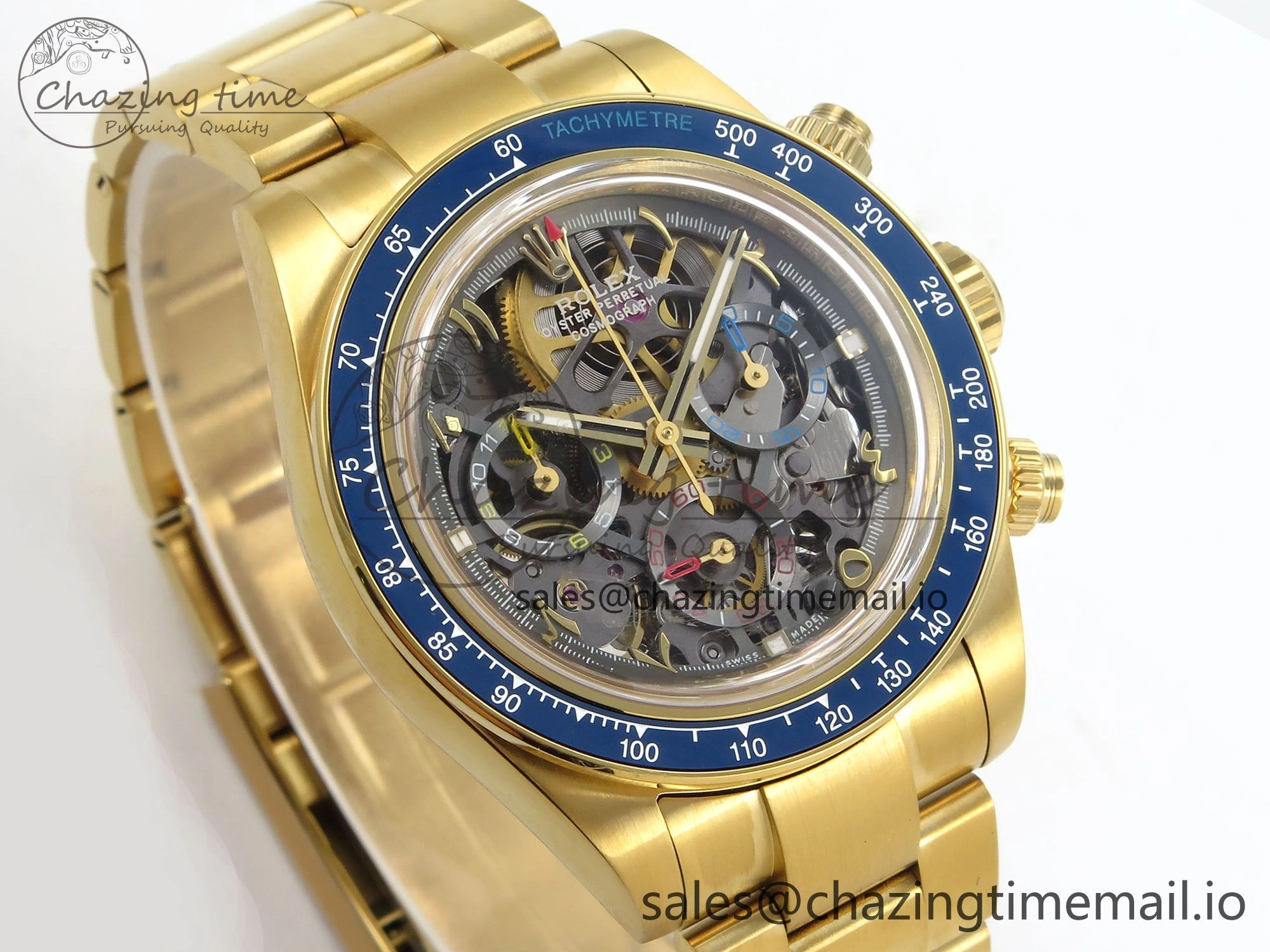 Daytona Artisans Skeleton YG ADGF Best Edition Blue Ceramic Bezel Skeleton Dial on YG Oyster Bracelet SA4130