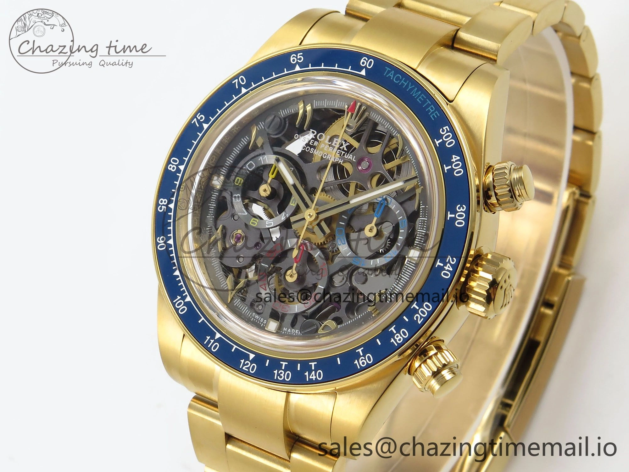 Daytona Artisans Skeleton YG ADGF Best Edition Blue Ceramic Bezel Skeleton Dial on YG Oyster Bracelet SA4130