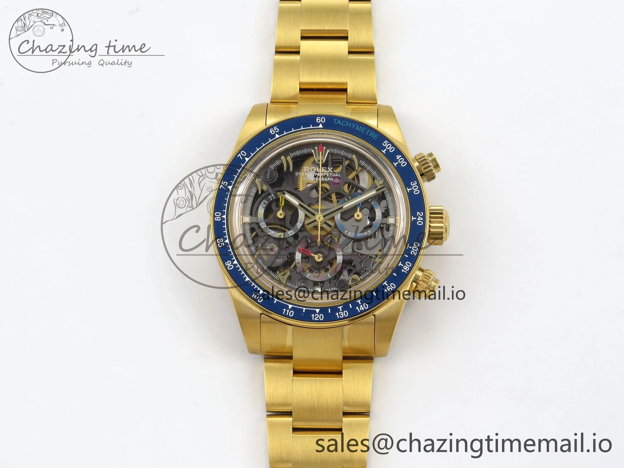 Daytona Artisans Skeleton YG ADGF Best Edition Blue Ceramic Bezel Skeleton Dial on YG Oyster Bracelet SA4130