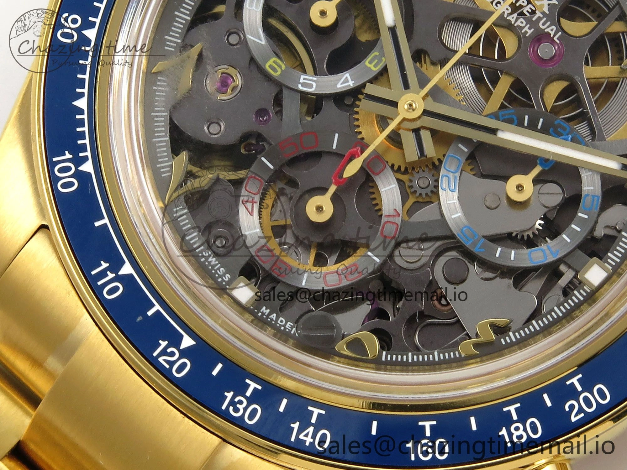 Daytona Artisans Skeleton YG ADGF Best Edition Blue Ceramic Bezel Skeleton Dial on YG Oyster Bracelet SA4130