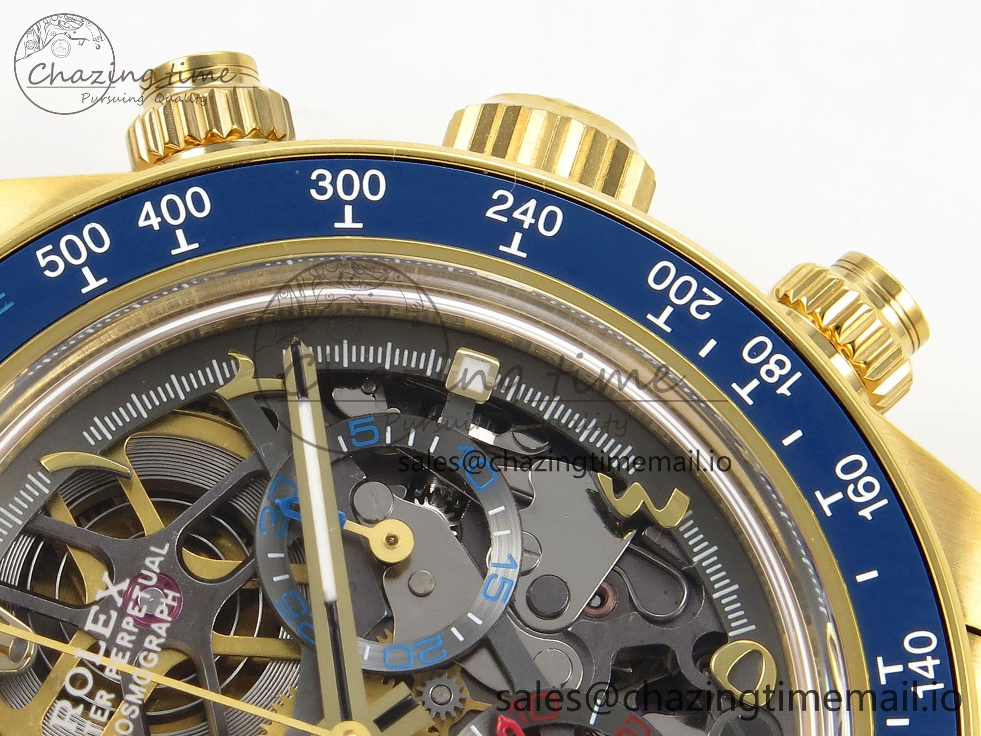 Daytona Artisans Skeleton YG ADGF Best Edition Blue Ceramic Bezel Skeleton Dial on YG Oyster Bracelet SA4130