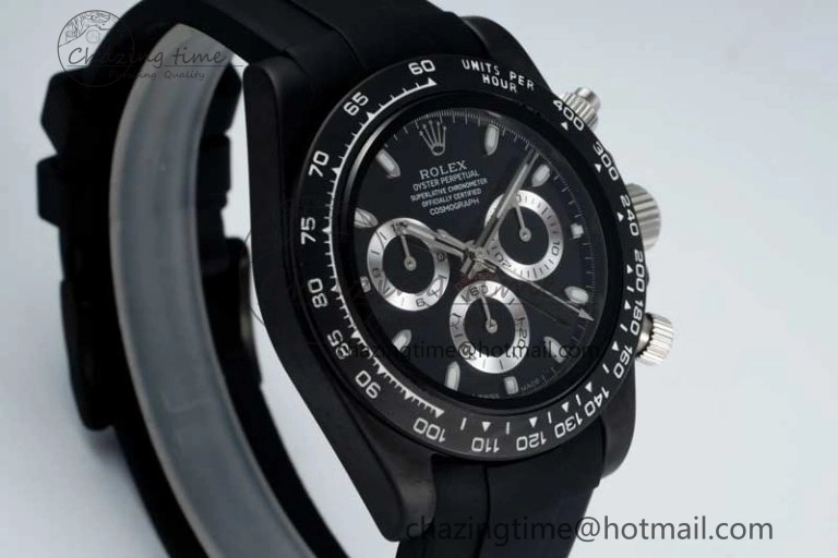 Daytona Black Ceramic 5GF Best Edition Black Dial SS Pusher on Black Rubber Strap A7750