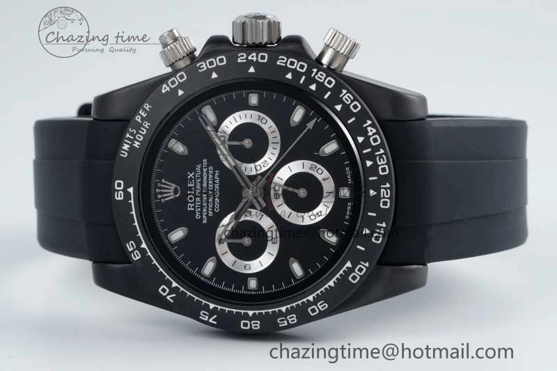 Daytona Black Ceramic 5GF Best Edition Black Dial SS Pusher on Black Rubber Strap A7750