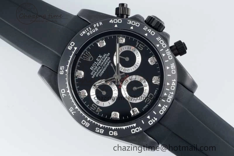 Daytona Black Ceramic 5GF Best Edition Black Diamonds Dial Black Pusher on Black Rubber Strap A7750