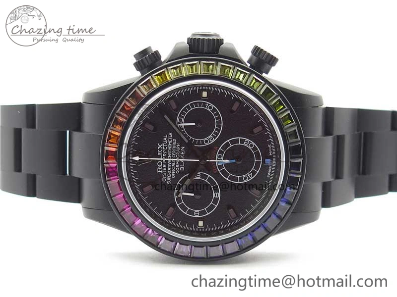 Daytona Blaken Rainbow Crystal Bezel PVD OXF Best Edition Black Dial on PVD Bracelet A7750