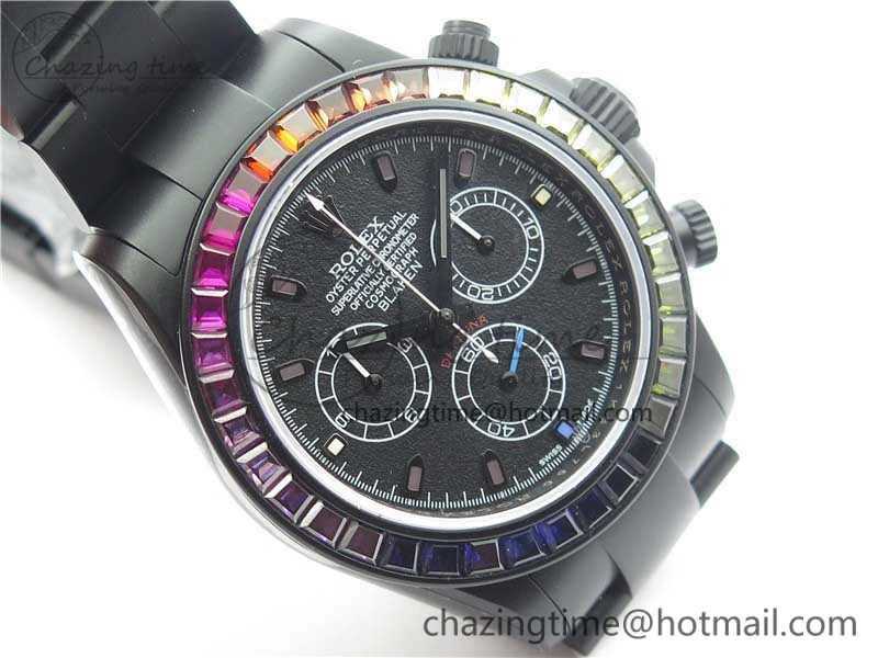 Daytona Blaken Rainbow Crystal Bezel PVD OXF Best Edition Black Dial on PVD Bracelet A7750