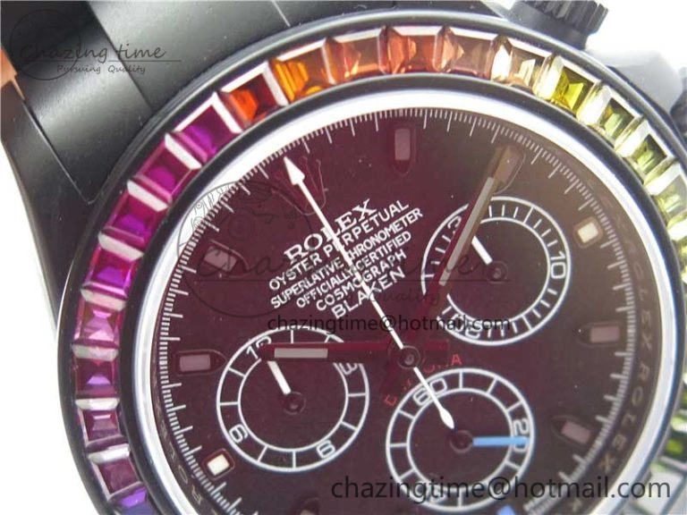 Daytona Blaken Rainbow Crystal Bezel PVD OXF Best Edition Black Dial on PVD Bracelet A7750