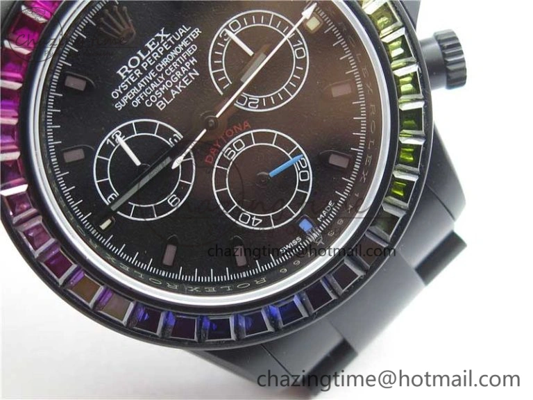 Daytona Blaken Rainbow Crystal Bezel PVD OXF Best Edition Black Dial on PVD Bracelet A7750