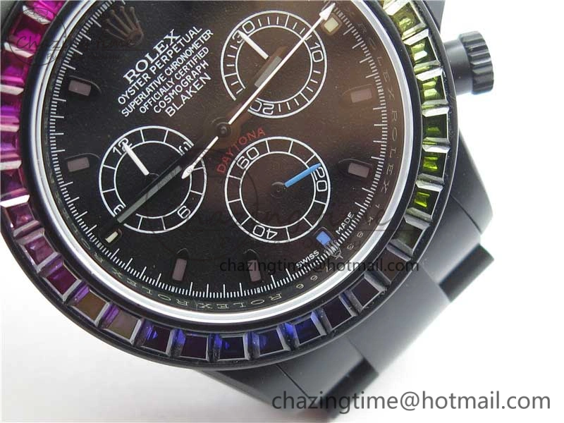 Daytona Blaken Rainbow Crystal Bezel PVD OXF Best Edition Black Dial on PVD Bracelet A7750