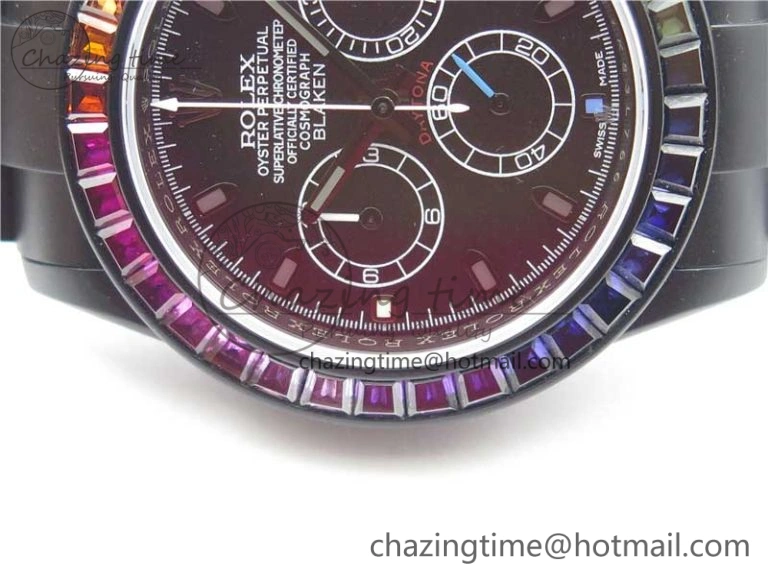 Daytona Blaken Rainbow Crystal Bezel PVD OXF Best Edition Black Dial on PVD Bracelet A7750