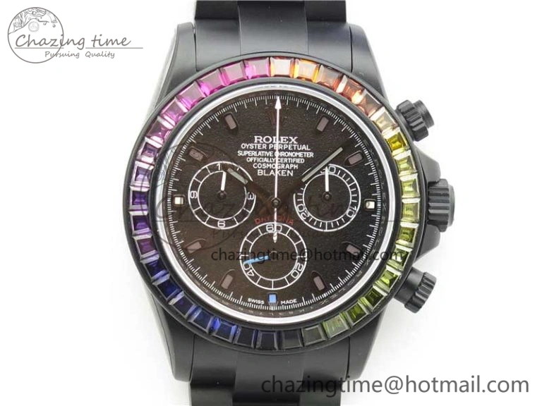Daytona Blaken Rainbow Crystal Bezel PVD OXF Best Edition Black Dial on PVD Bracelet A7750
