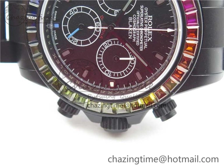 Daytona Blaken Rainbow Crystal Bezel PVD OXF Best Edition Black Dial on PVD Bracelet A7750