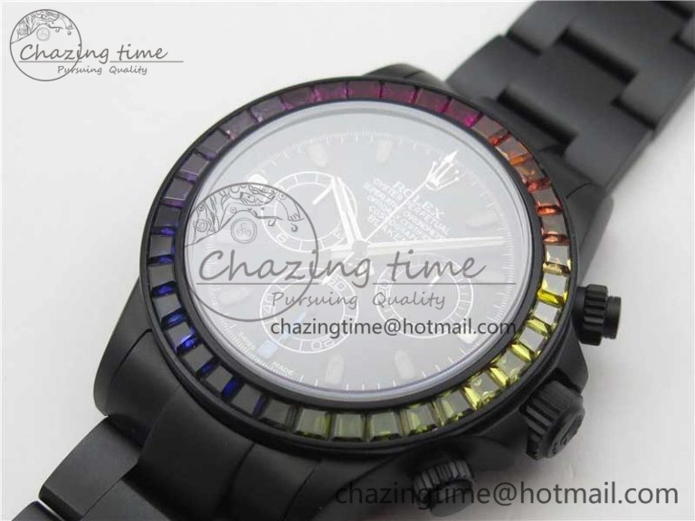 Daytona Blaken Rainbow Crystal Bezel PVD OXF Best Edition Black Dial on PVD Bracelet A7750