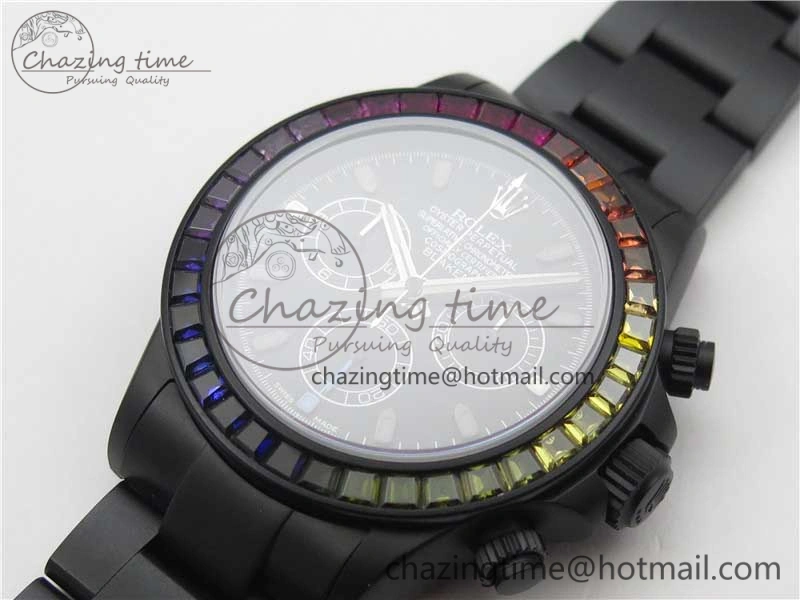 Daytona Blaken Rainbow Crystal Bezel PVD OXF Best Edition Black Dial on PVD Bracelet A7750