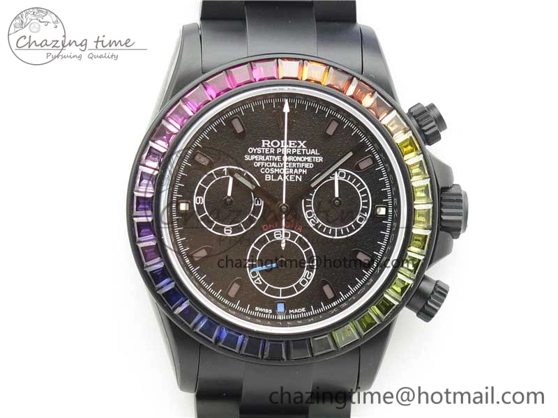 Daytona Blaken Rainbow Crystal Bezel PVD OXF Best Edition Black Dial on PVD Bracelet A7750