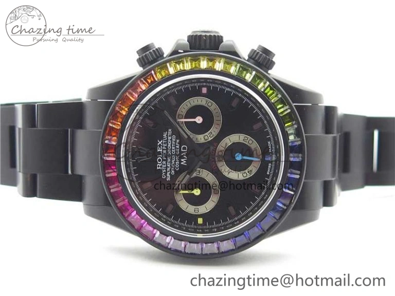 Daytona Blaken Rainbow Crystal Bezel PVD VR Best Edition Black Dial on PVD Bracelet A7750 V2